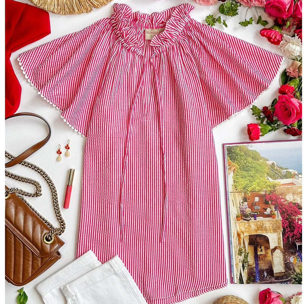Rungolee Paloma Popover Tie Neck Blouse Raspberry Stripe PB-RS XSmall XS NEW